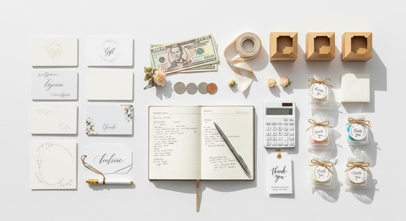 引き出物節約に必要なアイテムが整然と配置された俯瞰図。カード型ギフトと予算ツールが中心にある。