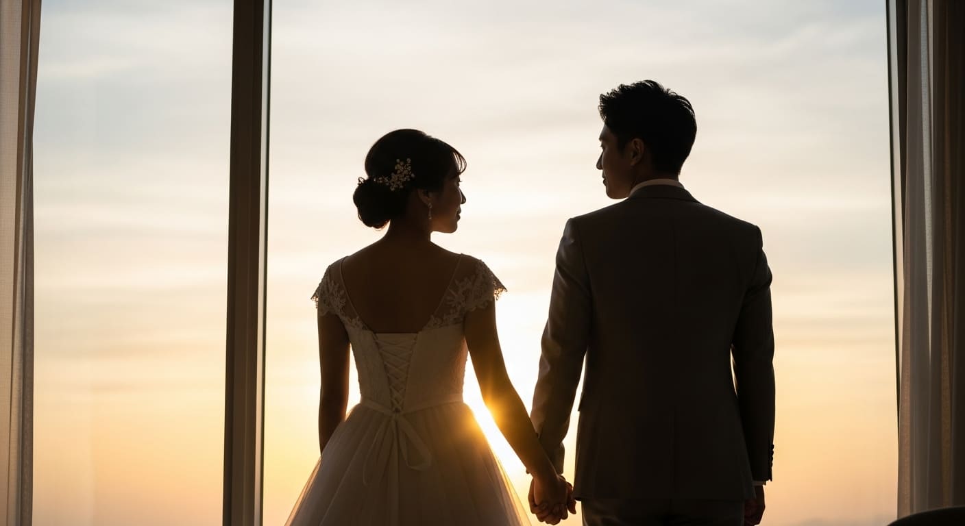 窓辺で夕日を背景に寄り添って立つ新郎新婦の後ろ姿