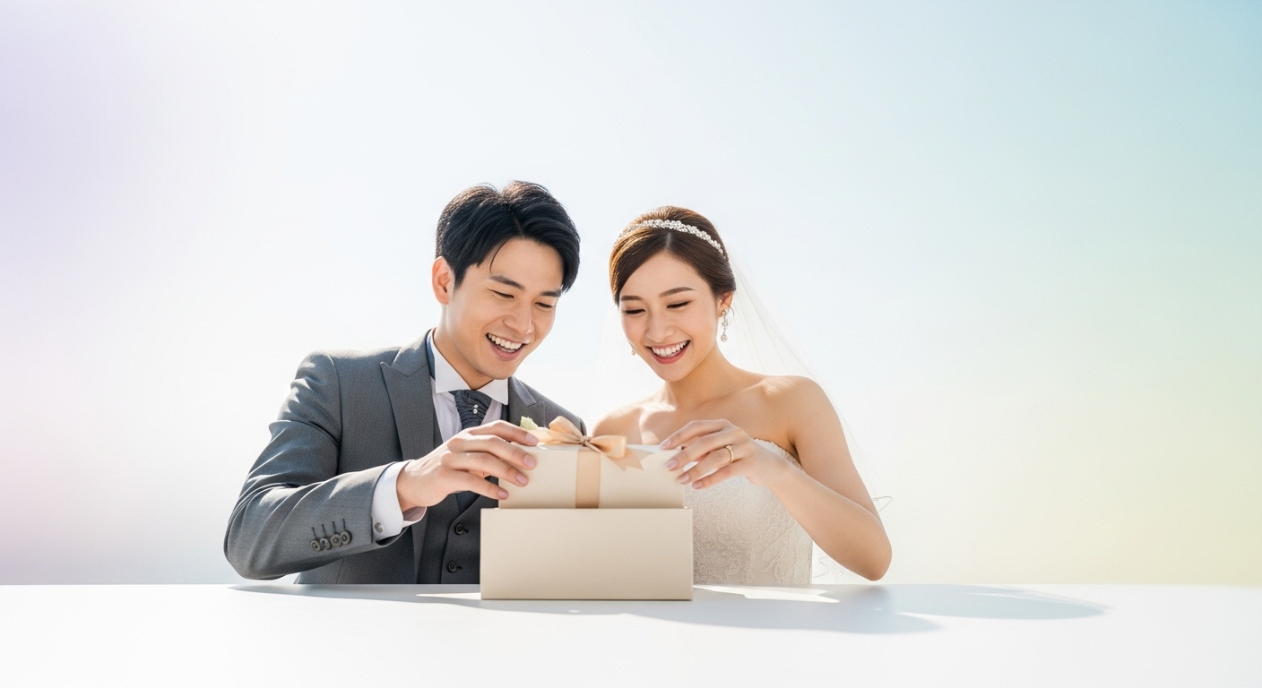 ブライダルサロンで引き出物カードについて相談する新郎新婦