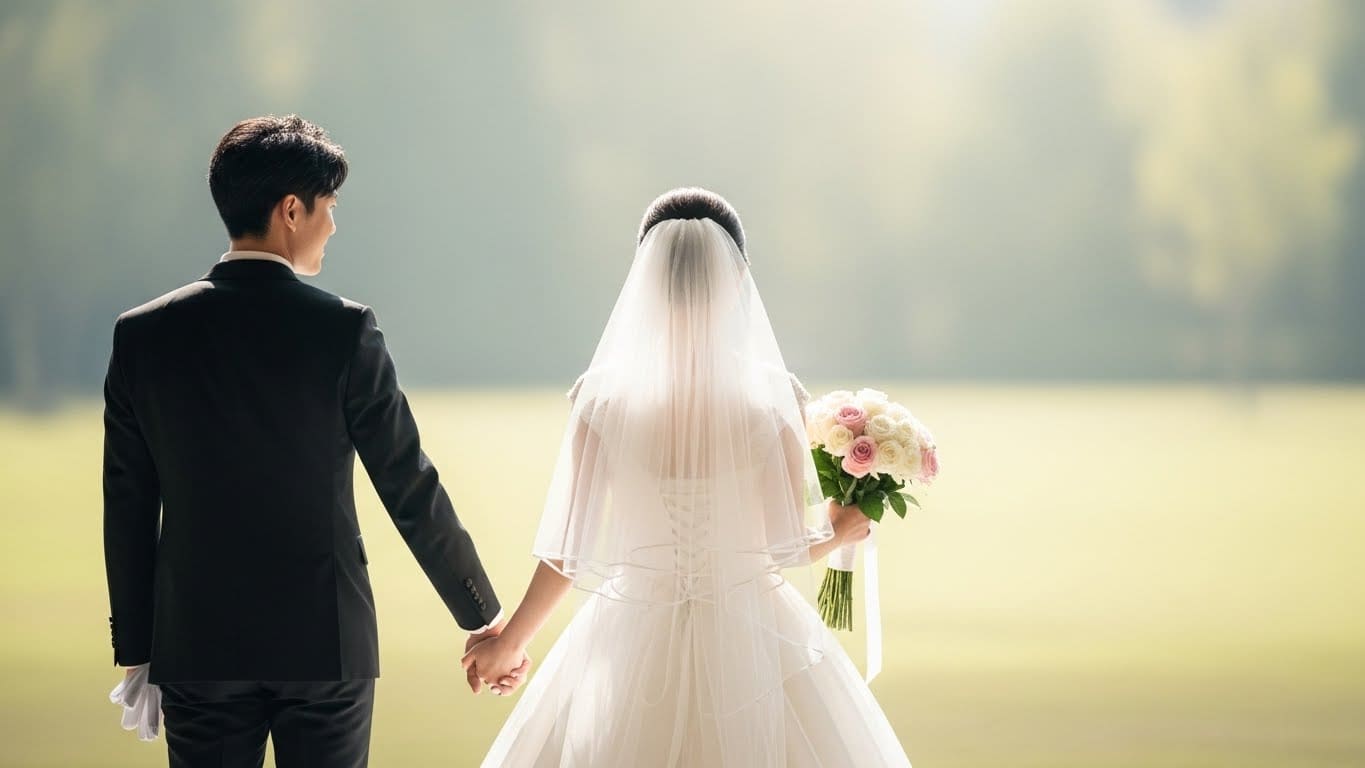 引き出物準備を終え笑顔で式場を後にする新郎新婦の後ろ姿