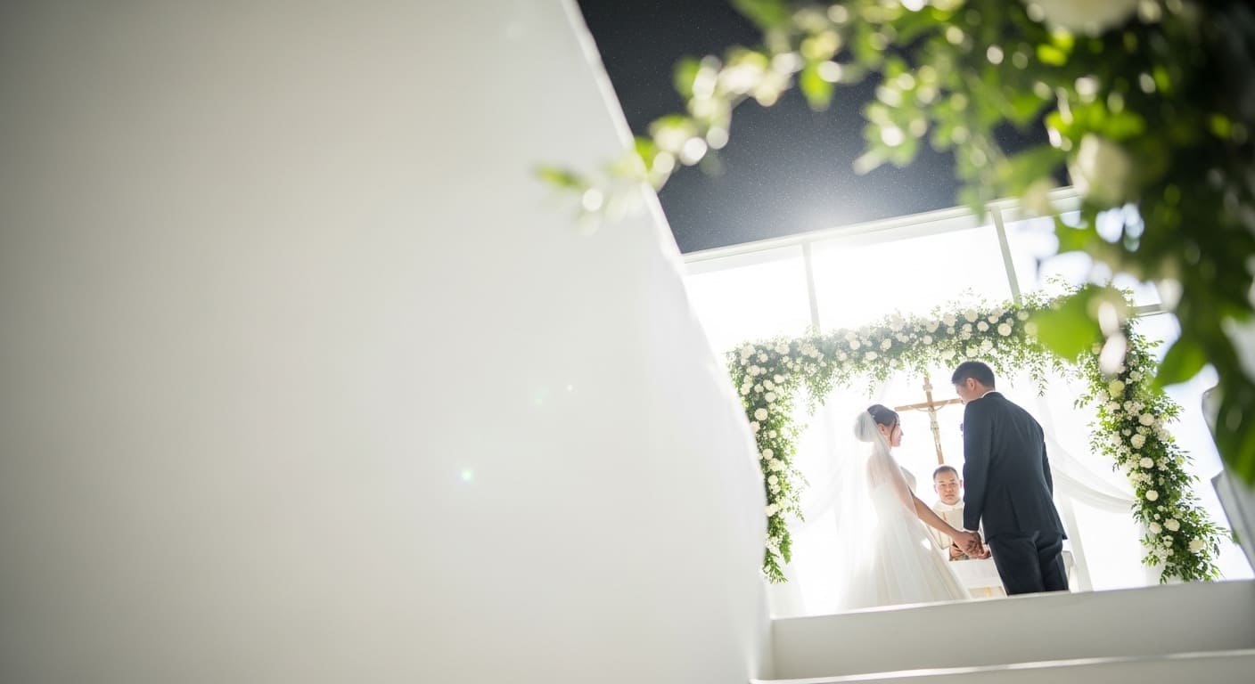 チャペルの美しいステンドグラスから光が差し込む神聖な空間を下から見上げる構図