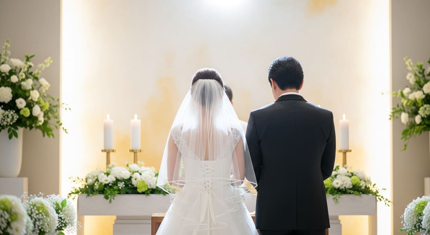 チャペル祭壇前で新郎新婦が誓いを交わす神聖な瞬間を後方から撮影