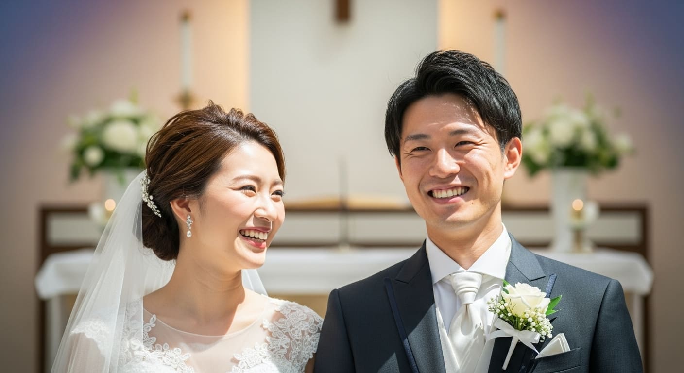 チャペル祭壇前で新郎新婦が幸せそうに微笑み合う自然な表情のクローズアップ