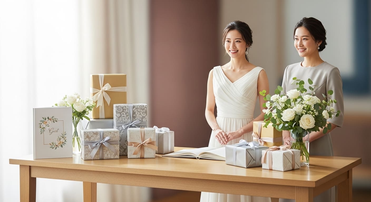 結婚式当日の受付に並ぶ美しくラッピングされた引き出物