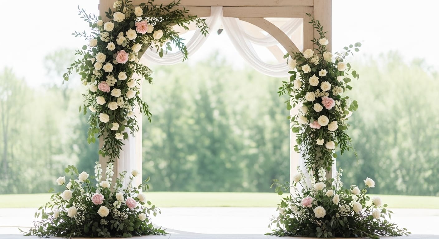 結婚式会場エントランスに飾られたウェルカムボードとブーケ、正面からの中距離ショットで温かみのある雰囲気