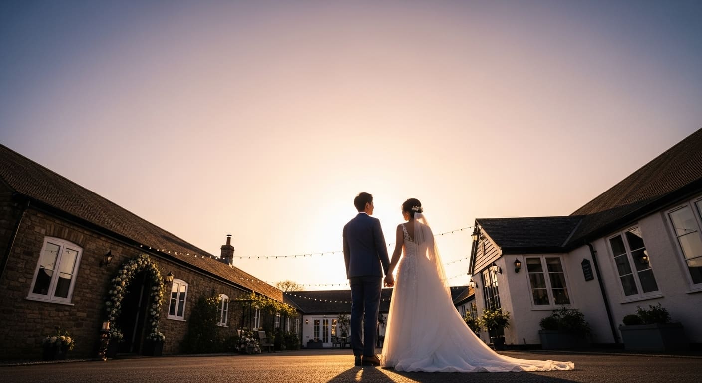 夕暮れの結婚式場で新郎新婦が並んで遠くを見つめる後ろ姿