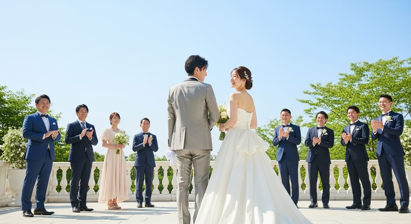 披露宴後のガーデンテラスで新郎新婦と外国人ゲストが笑顔で記念撮影する幸せな場面