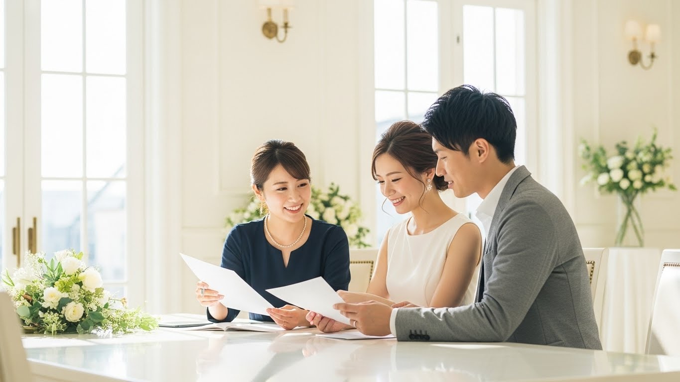 ウェディングプランナーと新郎新婦が会場で打ち合わせをする様子