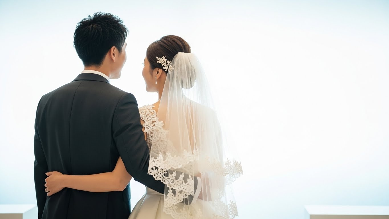 ゲストに囲まれて幸せそうに微笑む新郎新婦の後ろ姿