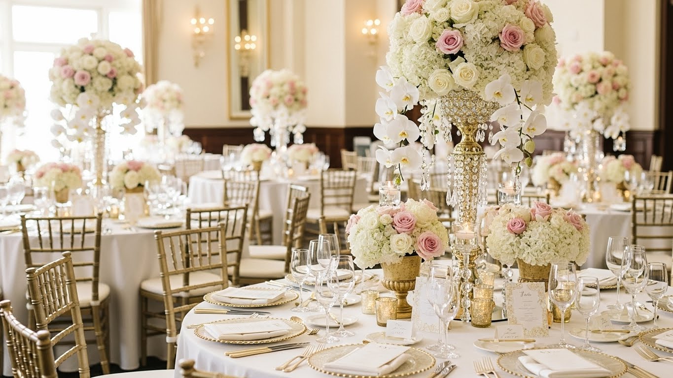 華やかに装飾された披露宴会場のゲストテーブル全景