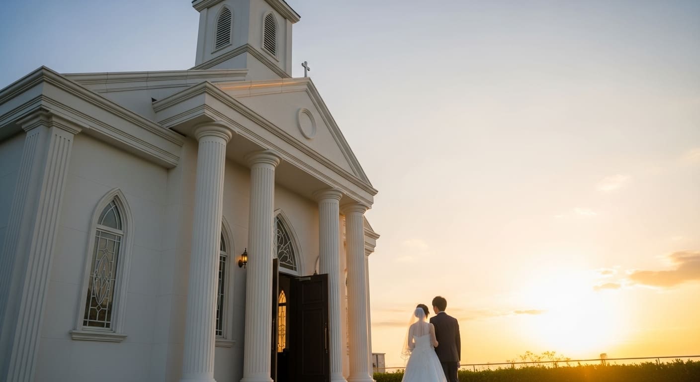夕暮れのチャペル前で手を繋ぐ新郎新婦の後ろ姿