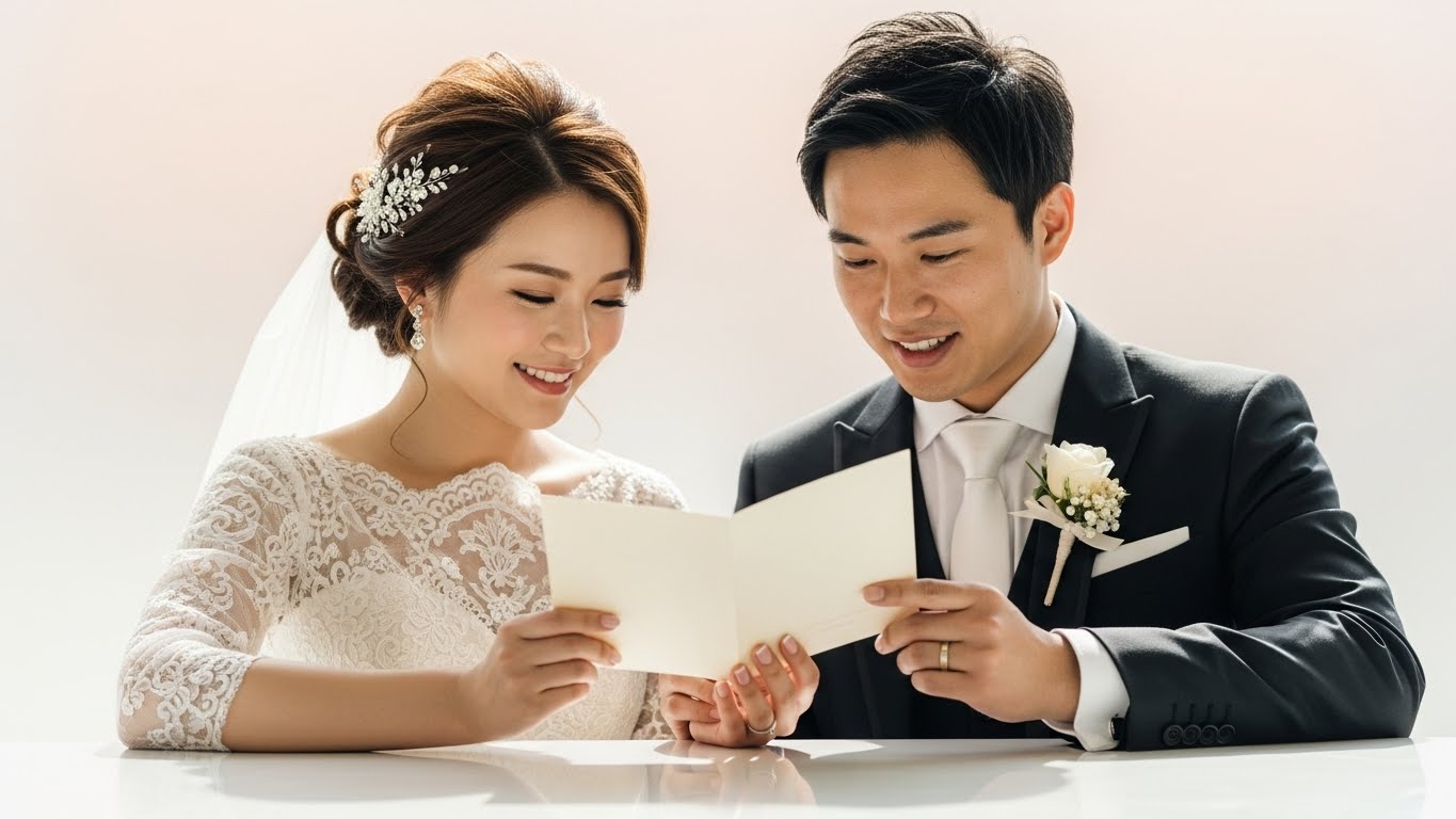 結婚式場のブライダルカウンターでカード型引き出物を手にする新郎新婦の様子