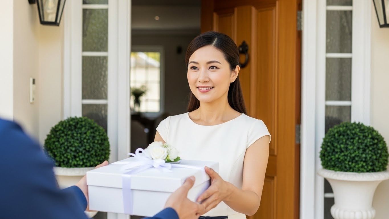 自宅玄関先で結婚式の引き出物ギフトボックスを受け取る女性ゲストの様子