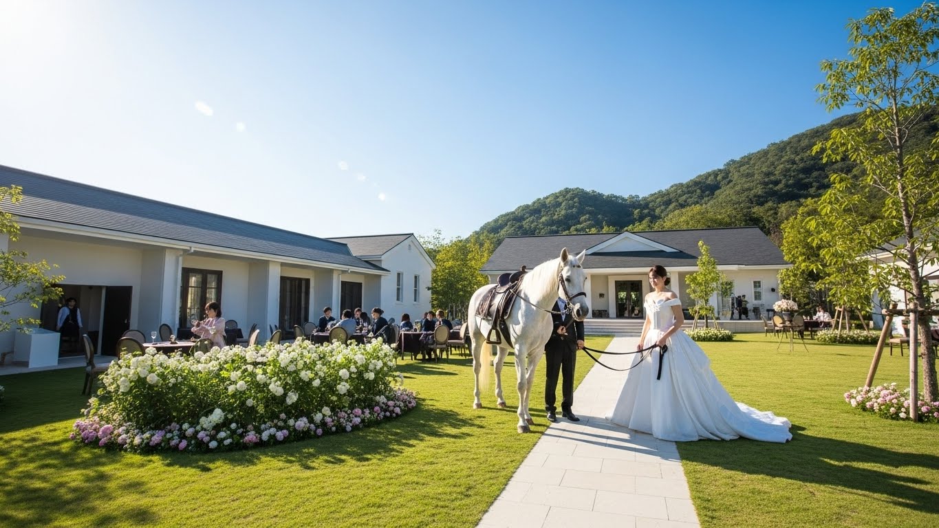 日本庭園で白馬が佇む和洋折衷の結婚式場の風景