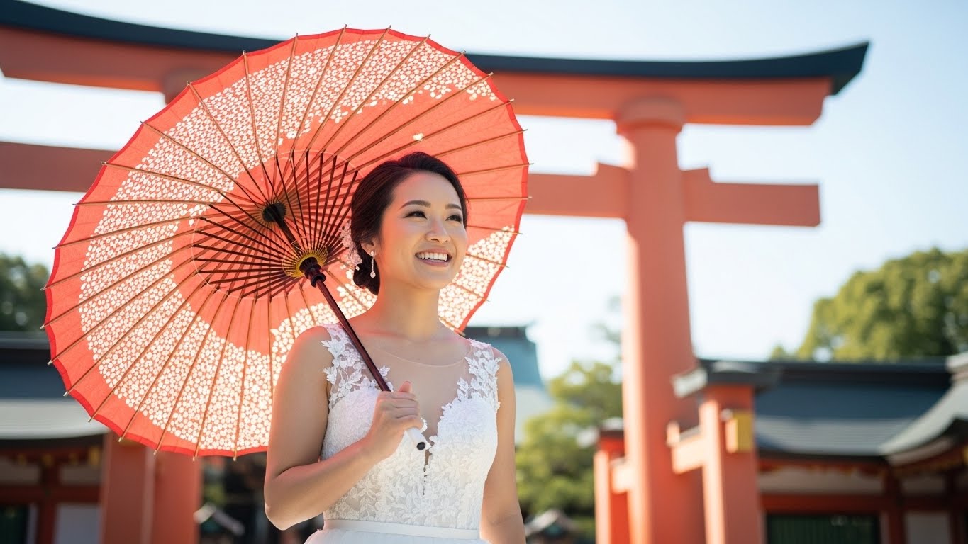 神社の鳥居前で和傘を持った新婦が白無垢姿で晴れやかに微笑んでいる様子