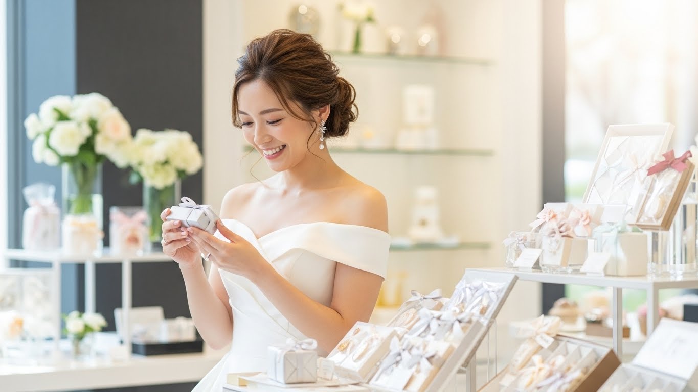 結婚式場のエレガントなギフトショップで新婦が美しい引き出物を笑顔で選んでいる様子