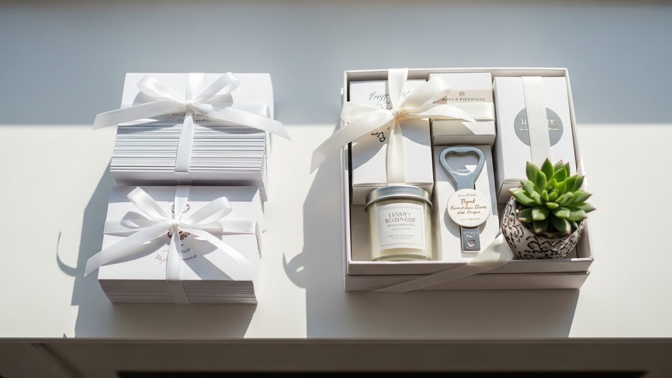 結婚式会場のギフトカウンターに置かれた白いリボンで装飾されたカード型引き出物とカタログギフト