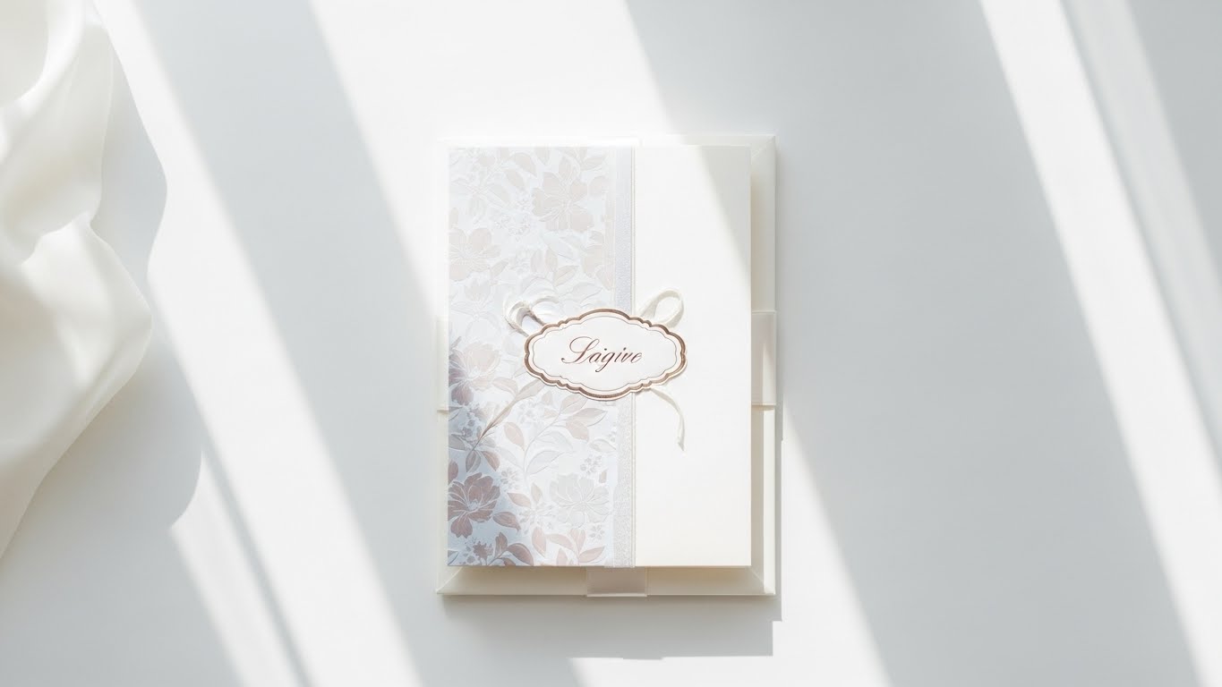 白背景に美しく配置されたカード型引き出物ギフトの俯瞰写真