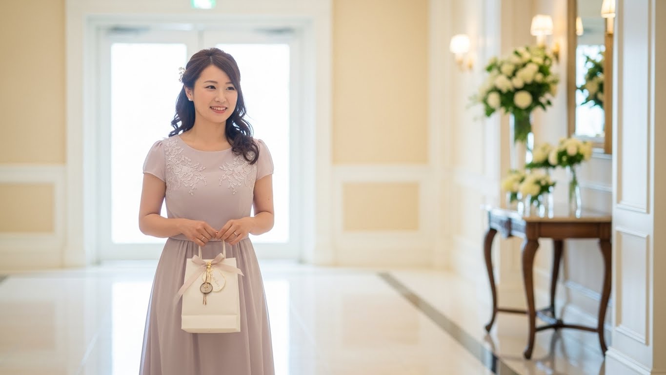 女性ゲストが披露宴会場のロビーでエレガントな引き出物袋を持って歩いている様子