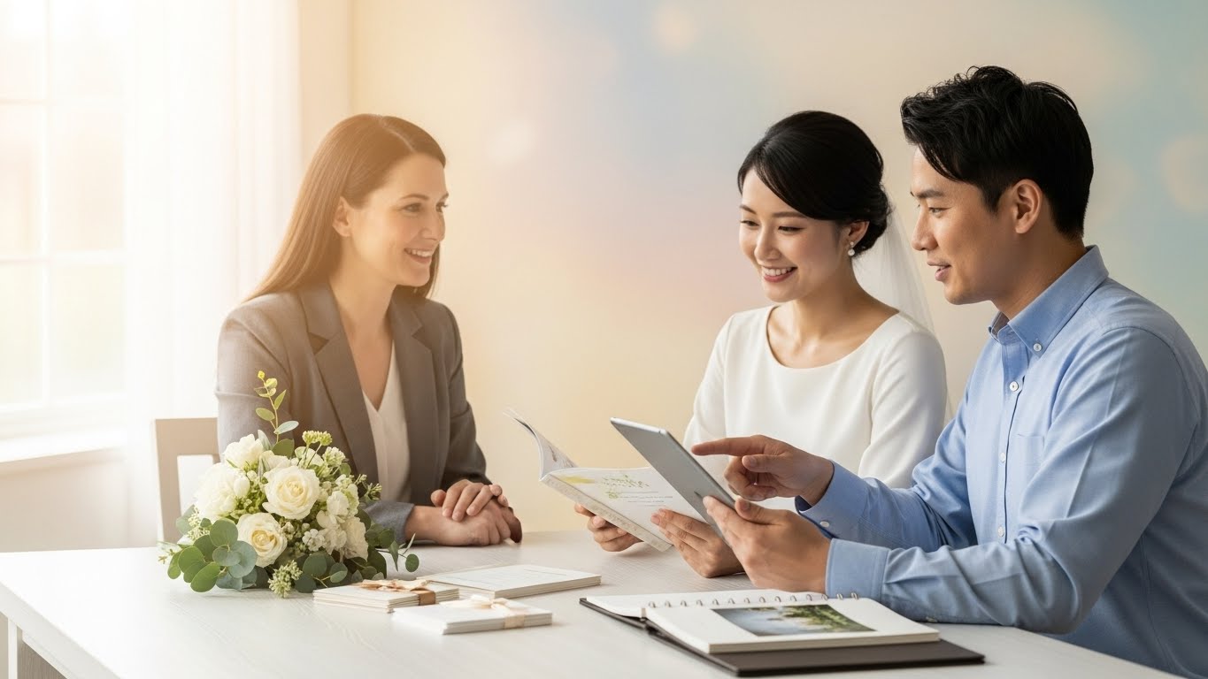 結婚式場で新郎新婦がプランナーから引き出物の基本説明を受けている様子