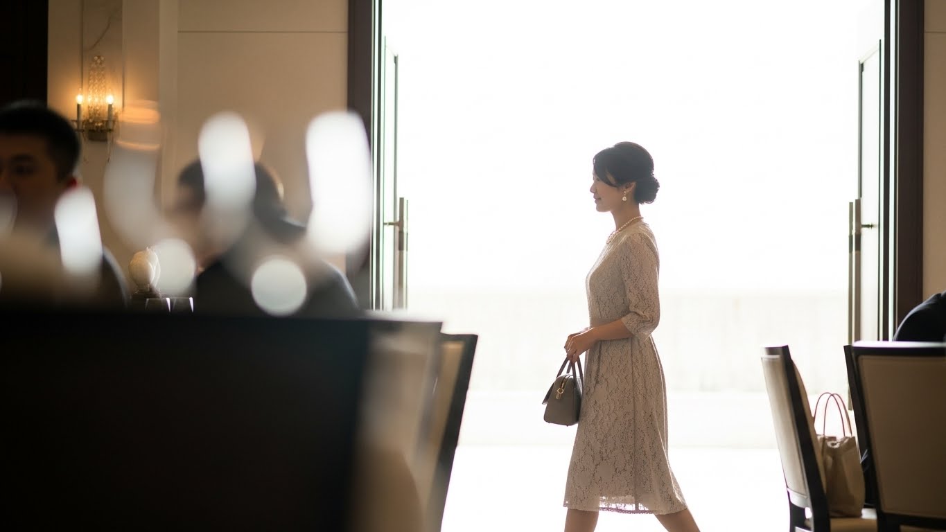 披露宴会場の出口で女性ゲストが小さなバッグだけで身軽に帰る様子