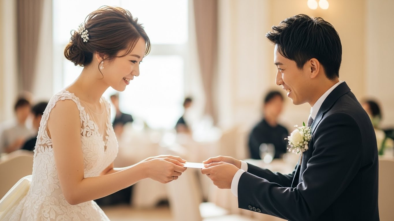披露宴会場で新婦が年配の親族ゲストにギフトカードを丁寧に手渡す姿