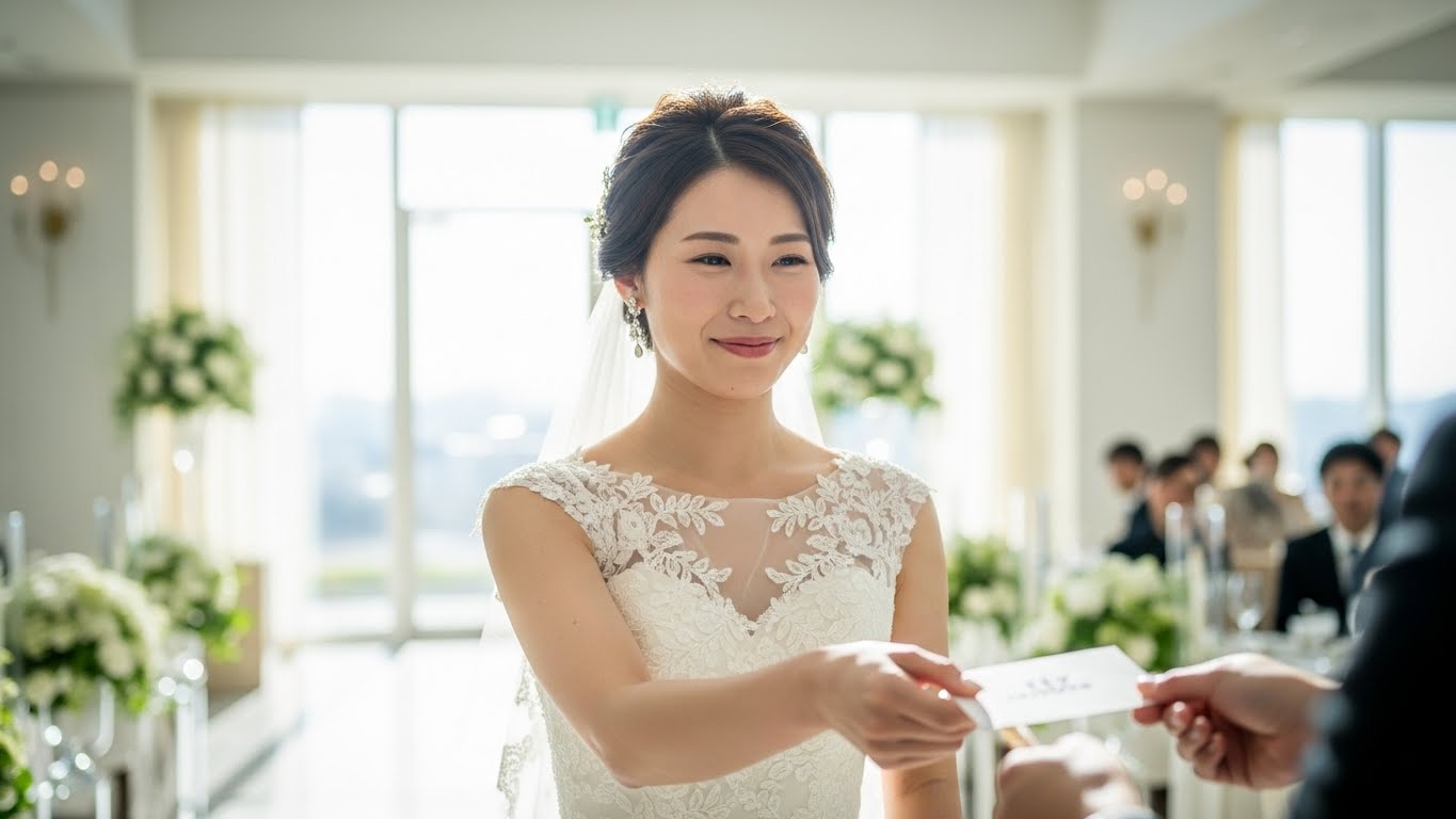 披露宴会場で高齢の親族ゲストにギフトカードを優しく手渡す新婦の姿