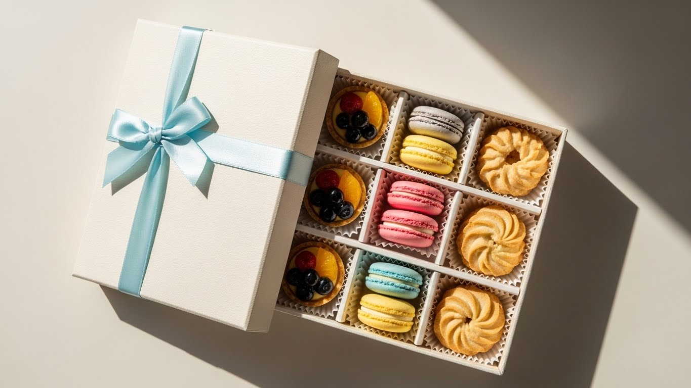 上品なリボンで飾られた焼き菓子のギフトボックスが柔らかな光に包まれている