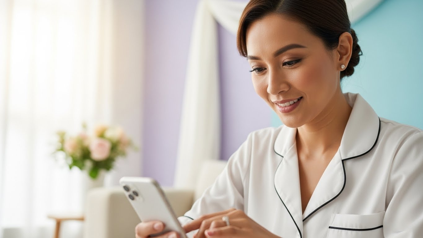 リビングでスマートフォンを使ってお礼メッセージを送る女性の温かな表情