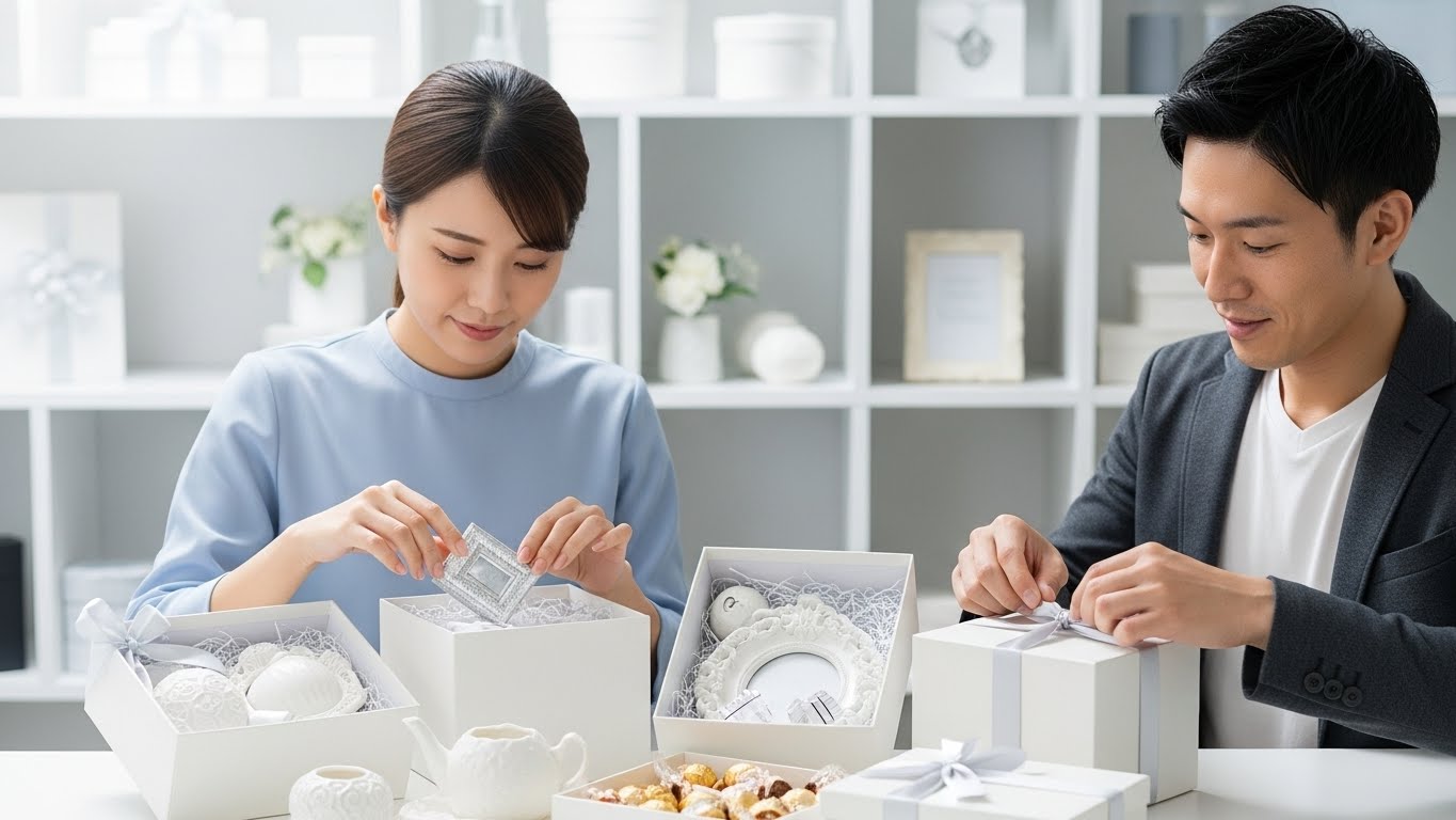 オフィスのギフトエリアで社員向けカタログギフトを準備する人事担当者