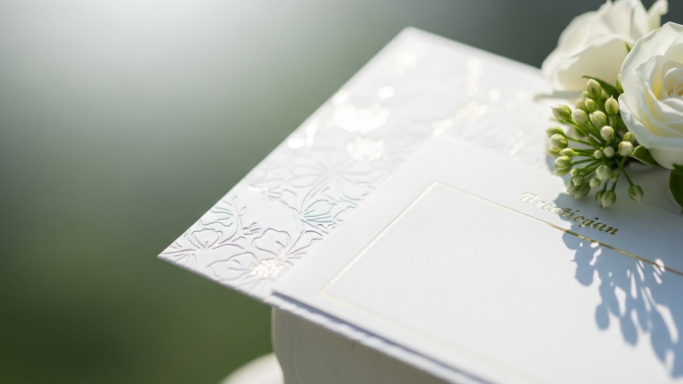 ガーデンで新婦が手に持つゲスト用の上質なギフトカードのクローズアップ