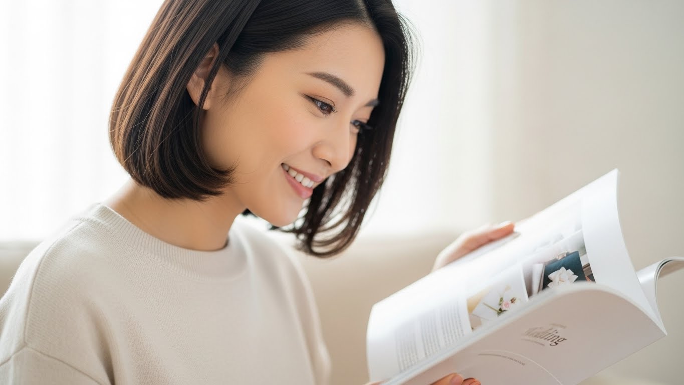 自宅リビングでカタログギフトを笑顔で選ぶ30代女性ゲスト