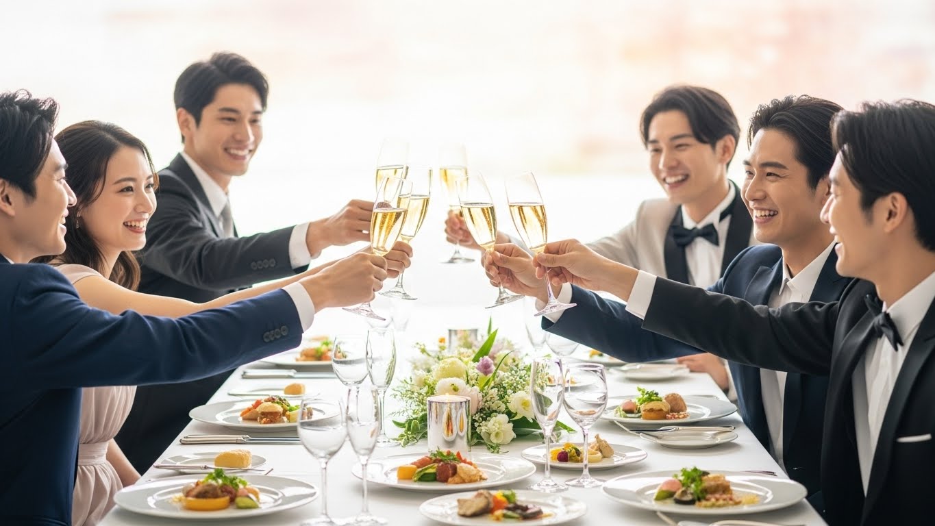 披露宴テーブルで豪華なコース料理を前に笑顔で乾杯する若いゲストたち