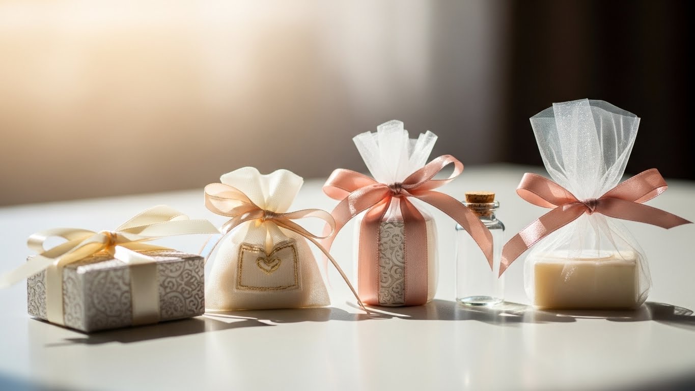 披露宴会場のギフトスペースに上品なリボンで包まれた引き出物が飾られている様子