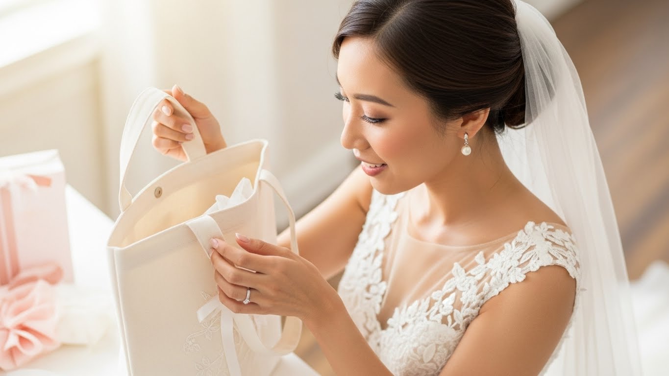 新婦がブライダルギフトショップでトートバッグのサイズを手に取って確認している様子