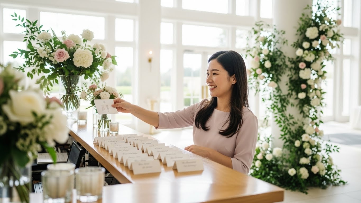 結婚式場の受付でスタッフから席次表を受け取り笑顔のゲスト