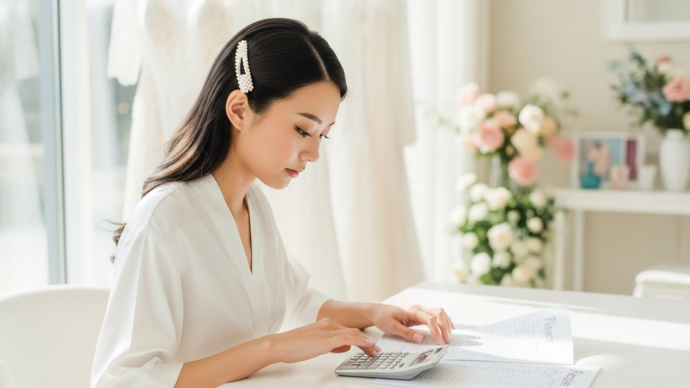 ブライダルサロンで価格表を見ながら電卓で予算を計算する新婦