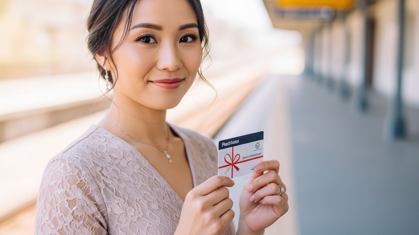 新幹線ホームでギフトカードを手に身軽に微笑む結婚式ゲストの女性