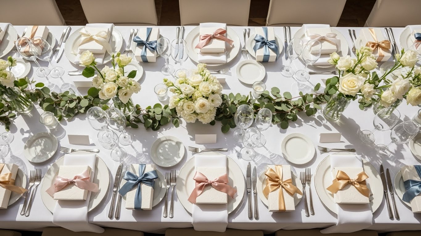 披露宴会場の華やかなテーブルに異なるリボン色で包まれた上品な引き出物が美しく置かれている