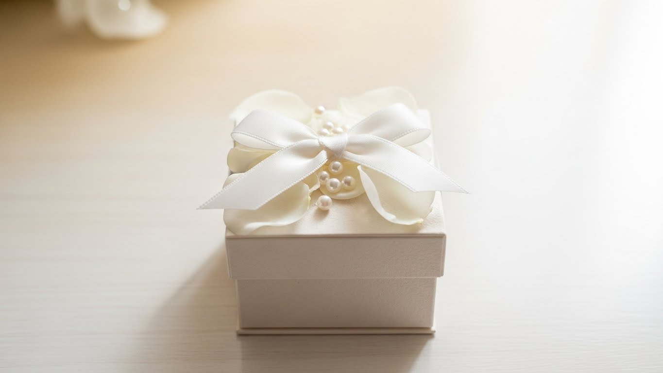白いリボンと花びらで上品に装飾された引き出物ギフトボックスのクローズアップ