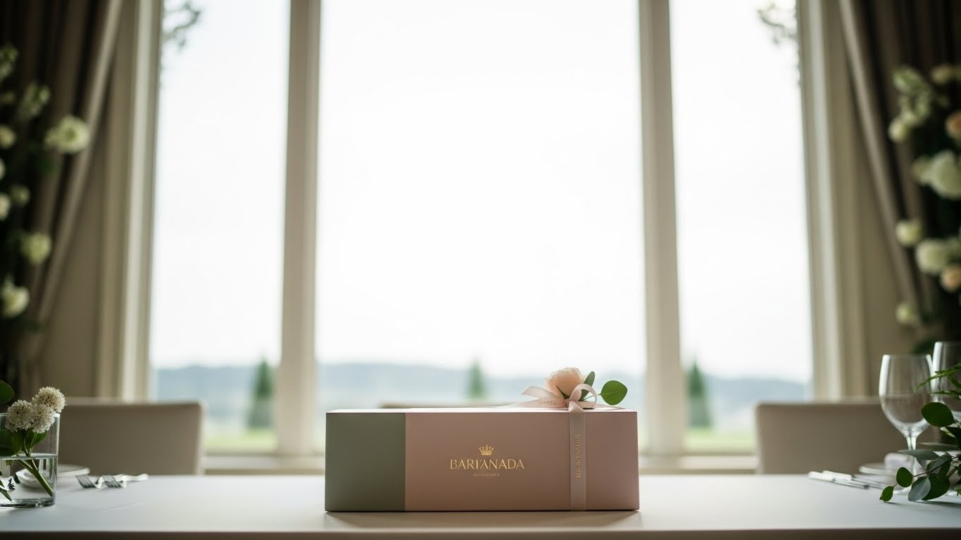 上品なブランドパッケージの引き出物が披露宴会場の窓辺に美しく佇む