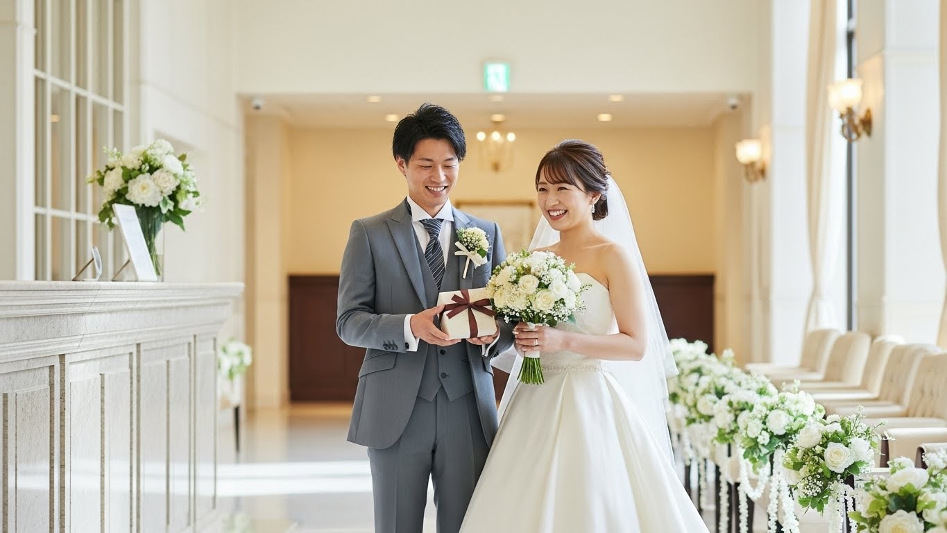 結婚式場のロビーで新郎新婦がゲストに上質な引き出物を笑顔で手渡している様子