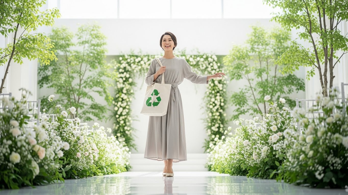 女性ゲストがガーデンウェディングでおしゃれなエコバッグを肩にかけて微笑んでいる