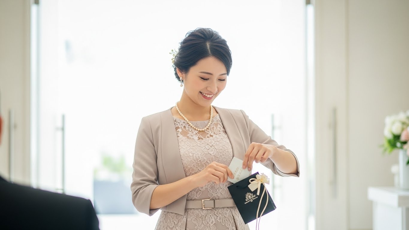 披露宴会場出口ロビーで引き出物カードを笑顔でバッグに入れる女性ゲスト