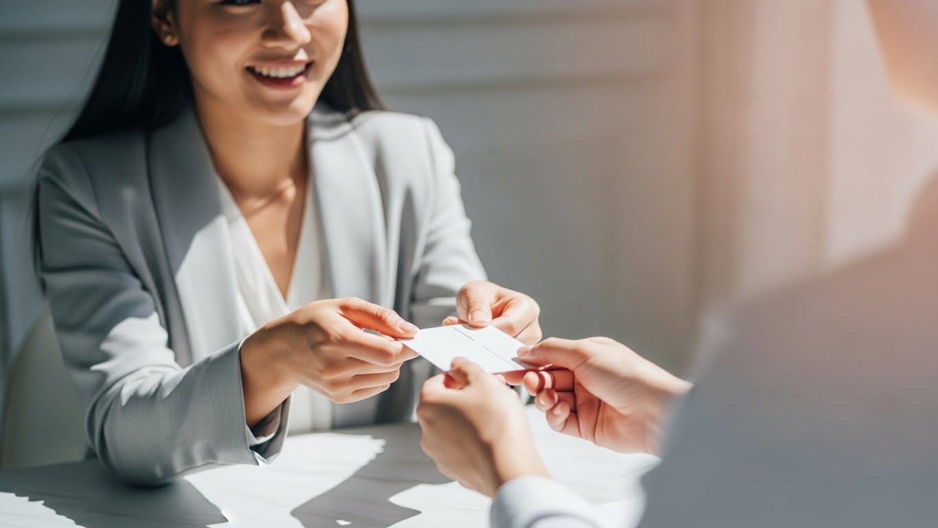 ウェディングサロンでプランナーが新郎新婦にカード型引き出物を笑顔で手渡している場面