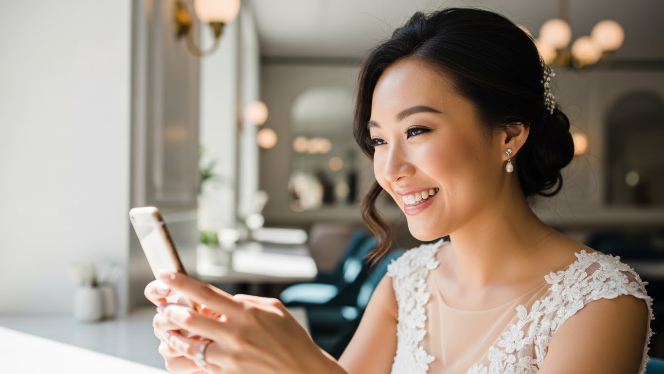 おしゃれなカフェの窓際でスマートフォンを手に微笑む新婦