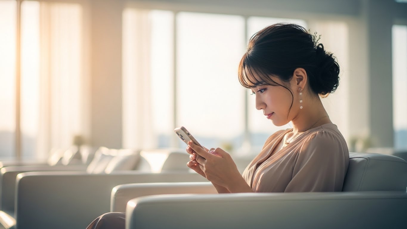 披露宴ロビーでゲストがスマホでカード型引き出物を見ている様子