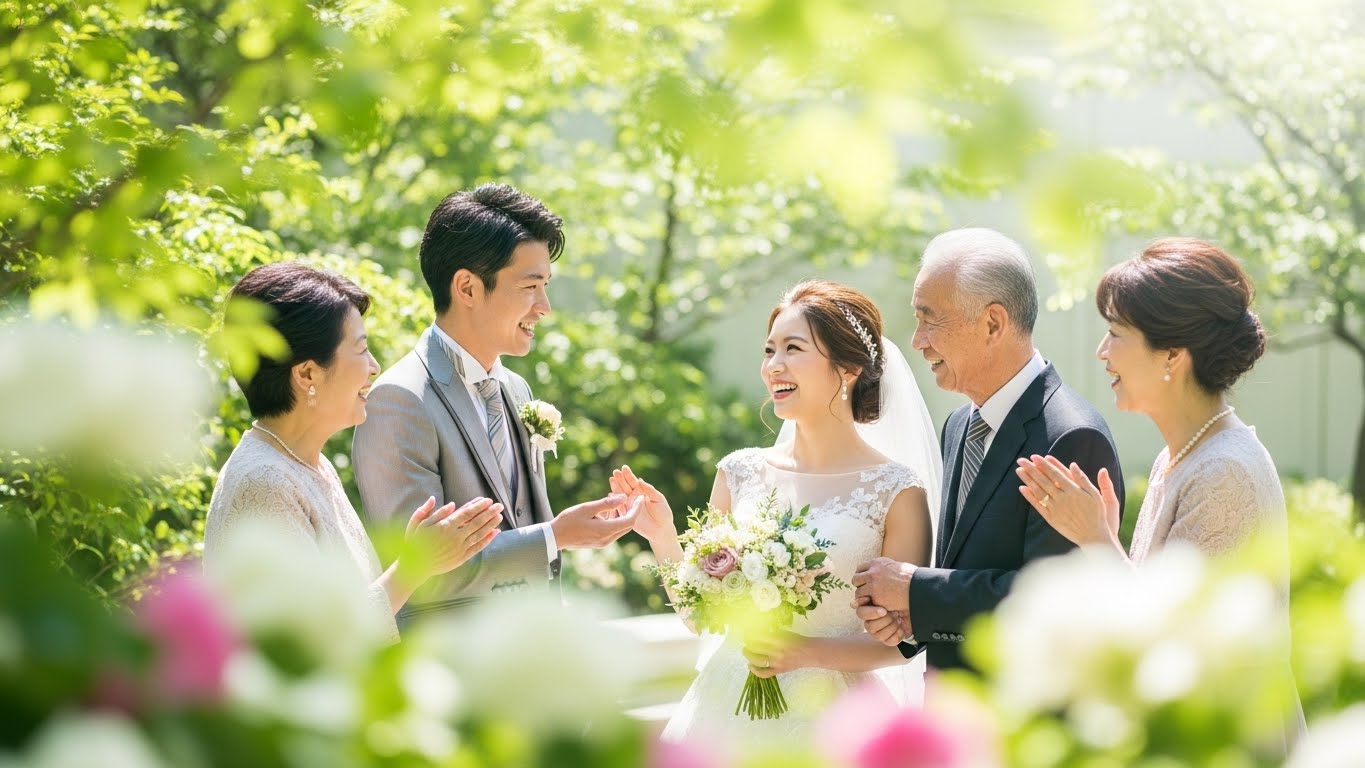 ガーデンウェディングで親族と笑顔で歓談する新郎新婦の温かい雰囲気