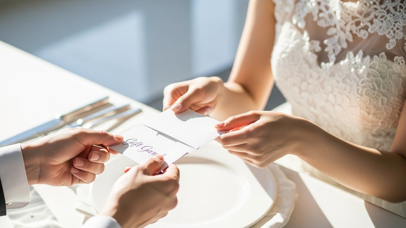 披露宴の受付でゲストが引き出物カードを受け取る様子