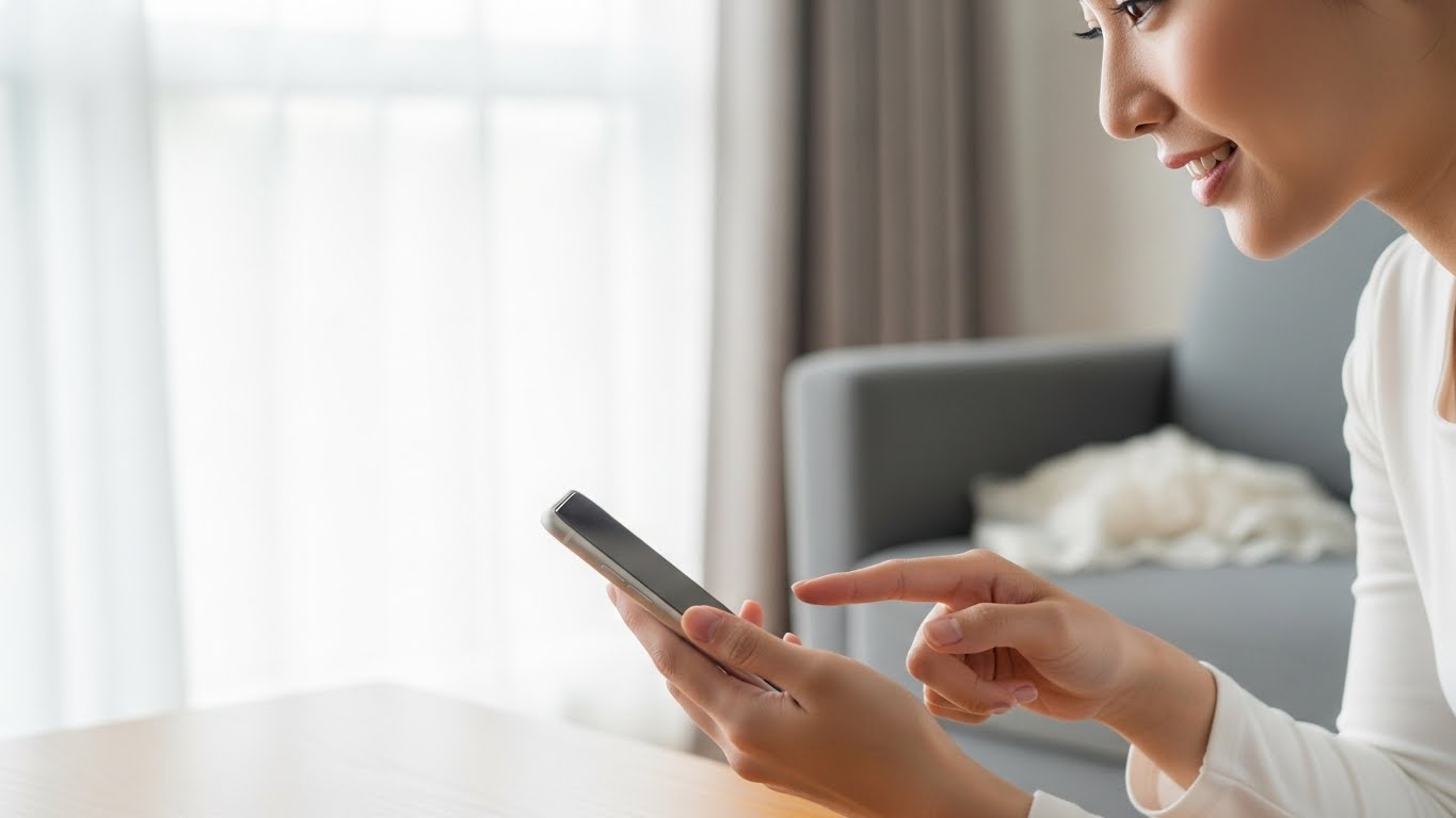 自宅のリビングでスマートフォンを使ってカタログギフトを選ぶ新婦